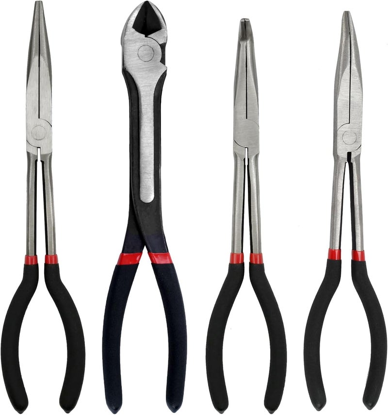 MFBJXC 4-Piece 11" Extra Long Needle Nose Pliers Set with Insulated Comfort Grip, Straight Long Reach, 45/90°Bent Nose & Diagonal Pliers for Bending, Shaping & Trimming in Narrow Spaces - Image 1